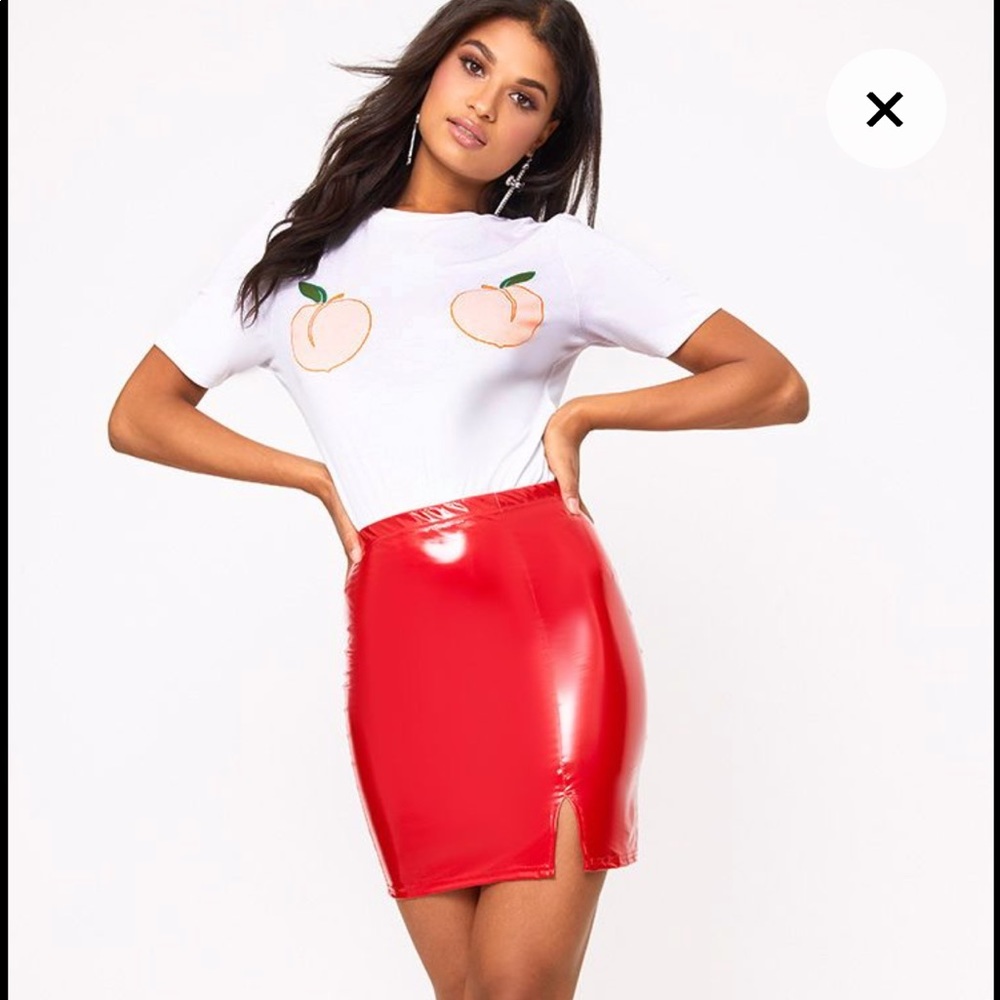 Red Vinyl side split mini skirt